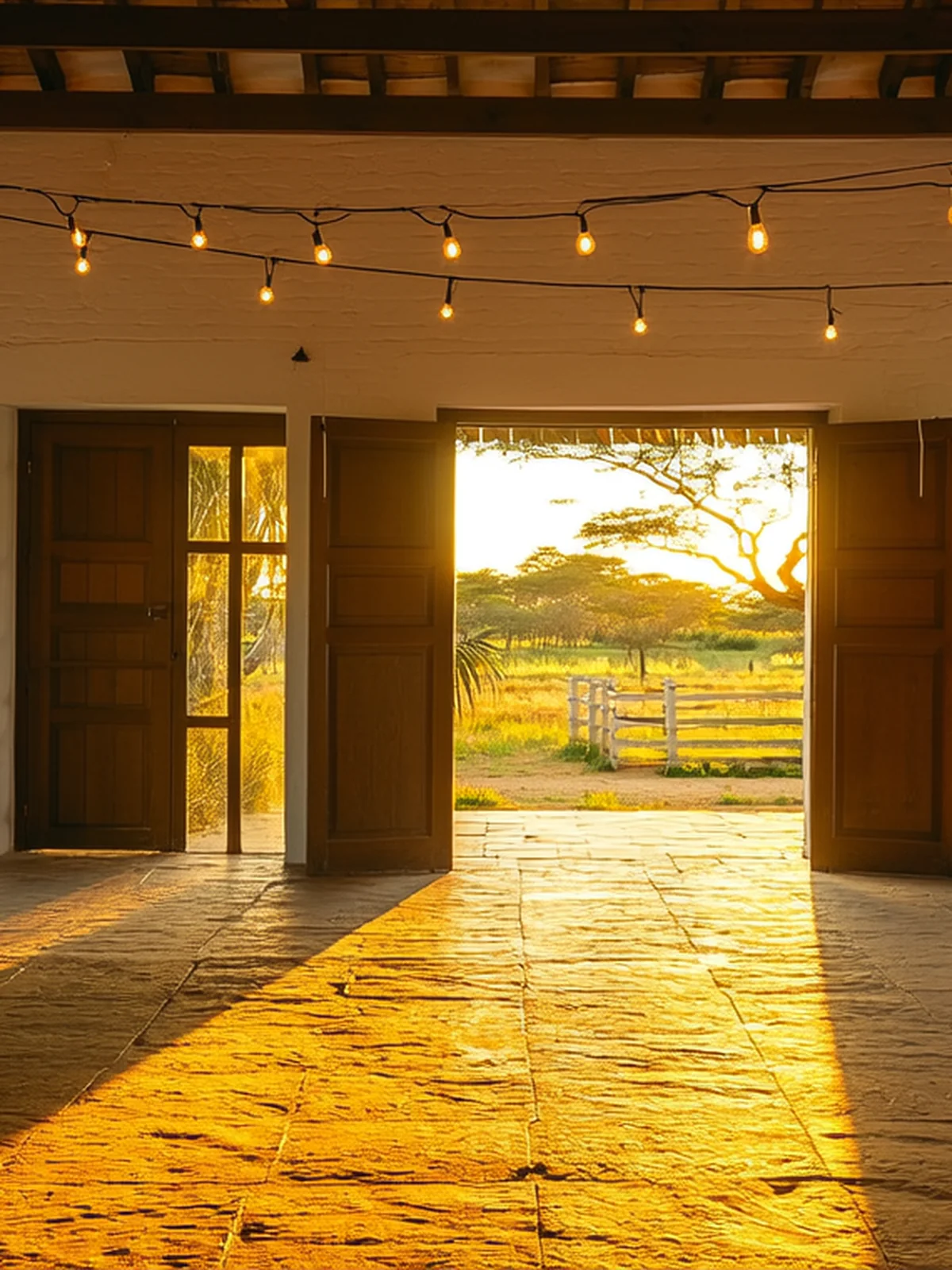 Salón de fiestas al atardecer, puertas abiertas al campo y series de luces encendidas