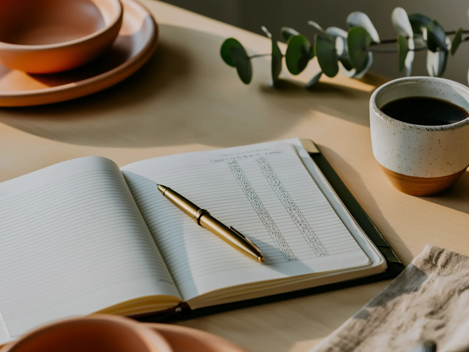 Cuaderno abierto con una tabla de costos escrita a mano, pluma y taza de café