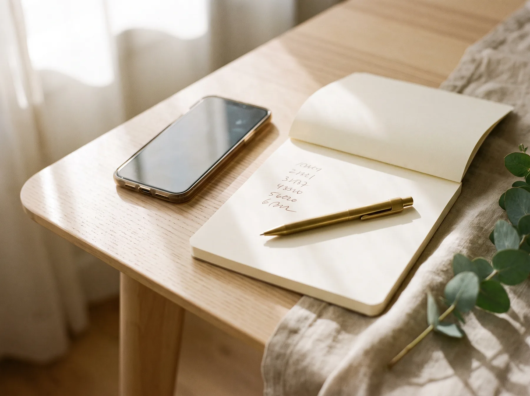 Mesa de madera con celular, cuaderno abierto con montos anotados y una rama de eucalipto